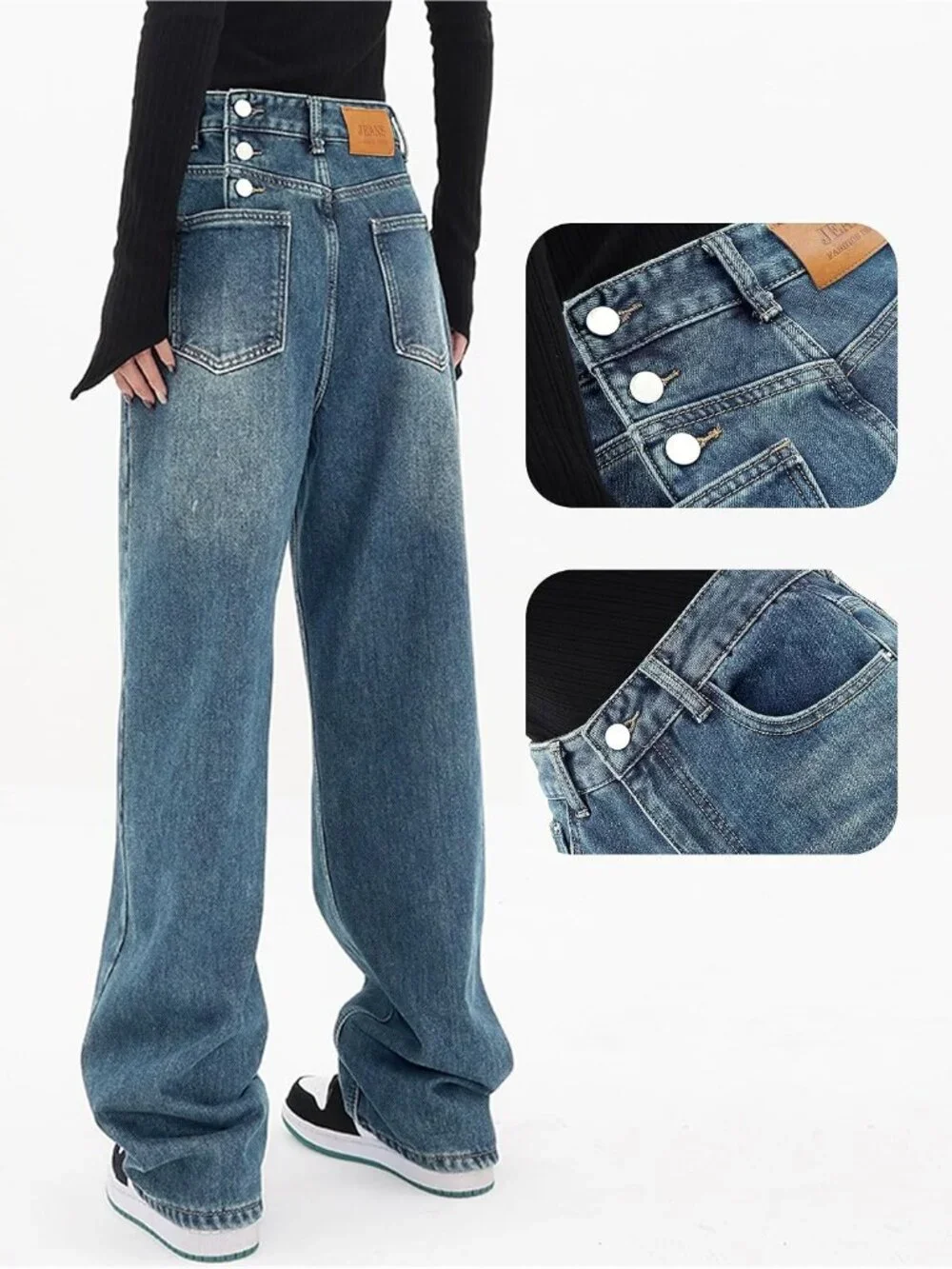 Women's Blue Denim Y2k Straight Leg Button Zipper High Waisted Baggy Jean
